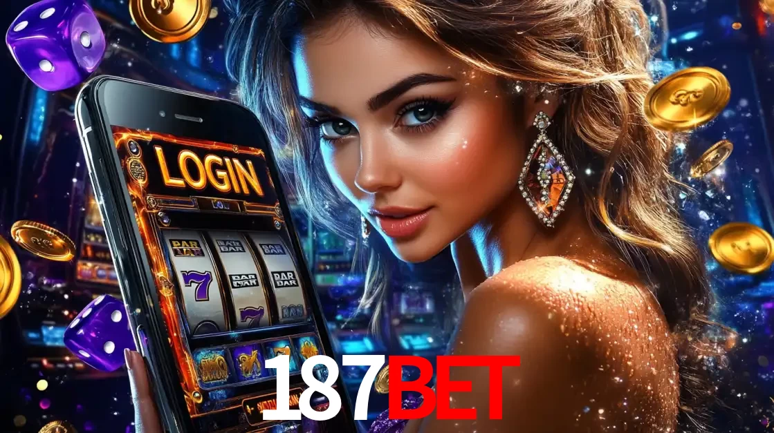 Mulher glamorosa segurando um smartphone com a tela de login para os jogos de caça-níqueis do cassino online 187bet, com moedas de ouro e dados ao redor.