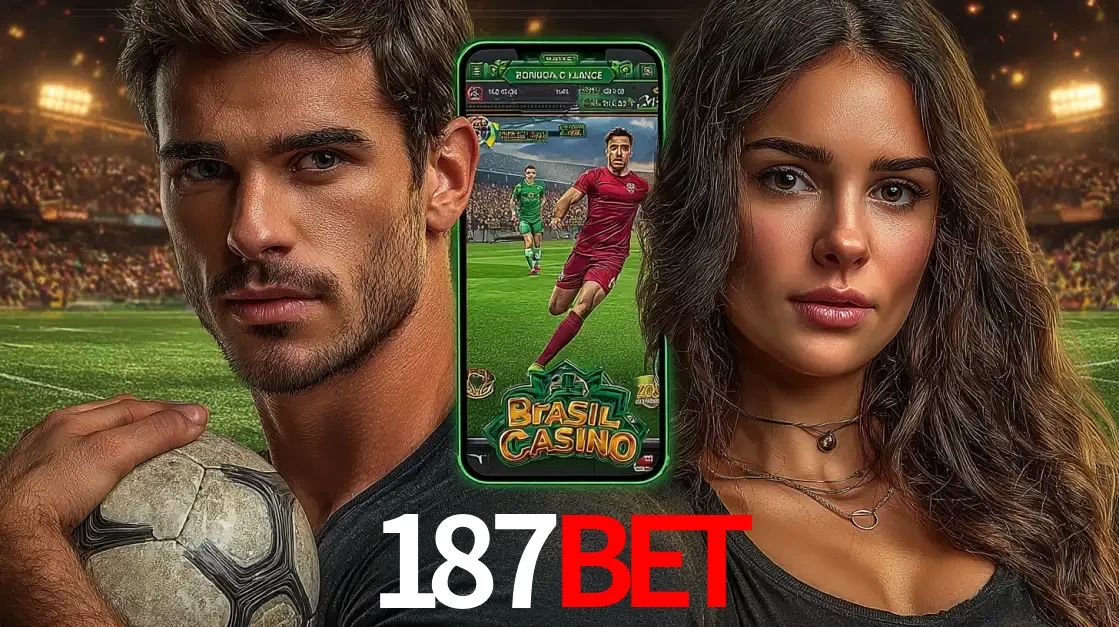 Homem segurando uma bola de futebol e uma mulher ao lado de um smartphone exibindo o jogo de apostas esportivas da 187bet. Faça seu palpite no cassino online.